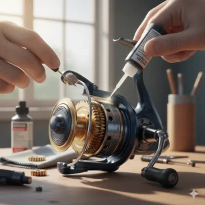 Image illustrating the process of applying lube or oil to the bearings of a high-end bass fishing spinning reel.
