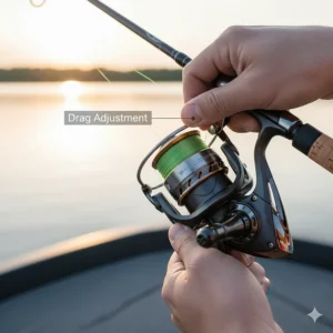 Detailed image showing how to properly adjust the drag system on a quality bass spinning reel.