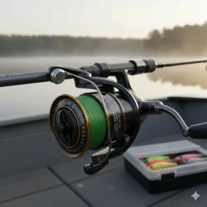 Close-up of a spinning reel spool highlighting the line capacity specifications important for bass anglers.