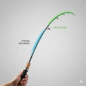 Diagram illustrating the strong backbone and fast action of a 7-foot medium-heavy spinning rod, ideal for fighting large fish.