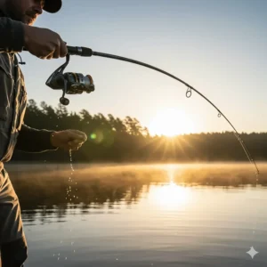 A dynamic action shot of an angler casting a line with a medium heavy spinning rod, showing the rod's parabolic bend as it launches a lure.
