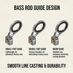 Detailed image showing the construction and placement of rod guides, important features to look for in the best bass fishing rod for smooth line casting.