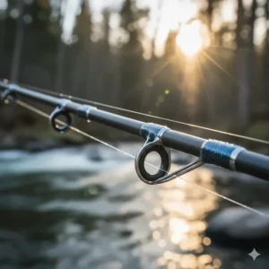 A detailed look at the durable guides on a medium heavy spinning rod, designed to reduce friction and allow for longer casts.