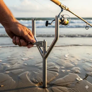 An angler adjusting the angle of a beach fishing rod holder to set the perfect position.
