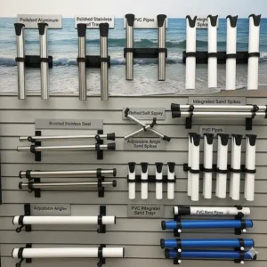 A display of beach fishing rod holders made from various materials, including aluminum and stainless steel.