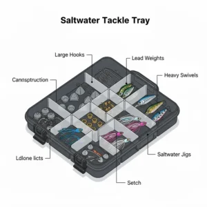 A durable, waterproof tackle tray filled with heavier-duty saltwater fishing tackle, such as large hooks, swivels, and lead weights.
