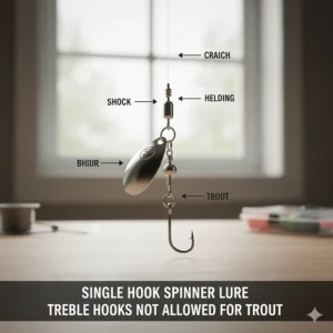A diagram demonstrating a spinner lure rigged with a proper single hook setup for effective trout fishing.