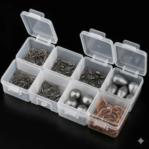 A small, modular container with individual snap-lids, useful for organizing tiny components like hooks, swivels, and sinkers alongside fishing bait.