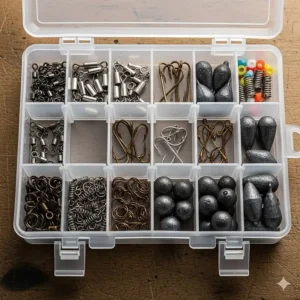 A clear plastic organizer box with small, adjustable dividers is filled with tiny fishing tackle components like swivels, hooks, and weights.