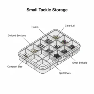 A small tackle tray organizing a collection of tiny fishing accessories, including hooks, split shots, and small swivels.