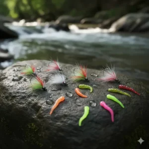 Assorted small feathered and plastic-bodied trout jigs that mimic minnows and insects.