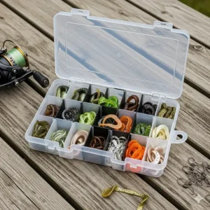 A clear, rectangular case with small dividers, designed to keep different colors and styles of soft plastic fishing baits neatly separated.
