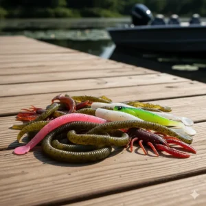 A selection of popular soft plastic lures for bass, such as plastic worms and crawfish imitations, in various colors and sizes.