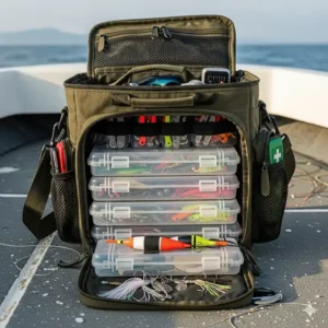 A soft-sided tackle bag with multiple tackle boxes inside, showing a practical and portable solution for boat fishing.