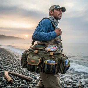 A fisherman is carrying a soft-sided tackle storage bag with multiple exterior pockets and a shoulder strap.