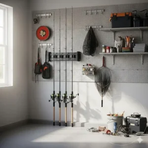 An image that emphasizes the space-saving benefits of using a wall mount fishing pole holder for your fishing gear.