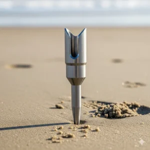 A close-up view of a single-spike surf fishing rod holder, securely planted in the sand.