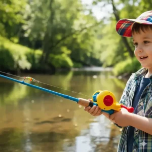 A brightly colored spincast rod and reel combo, an ideal and user-friendly choice for kids and young anglers learning to fish for trout.