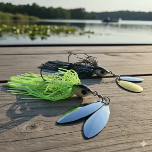 Two spinnerbait lures with their shiny blades and skirted bodies, essential for catching bass in various water conditions.