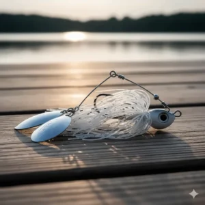 A picture of a classic white and silver spinnerbait lure, highlighting its rotating blades and skirt, designed to attract bass in murky water.