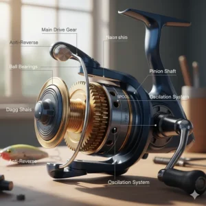 Diagram illustrating the internal gears and components of a modern spinning reel for bass fishing.