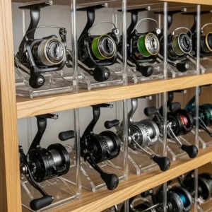 A modular storage system for fishing reels, showing spinning reels and baitcasters stored safely to prevent damage.