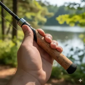 Detailed image of the comfortable cork handle and ergonomic grip on a high-quality 7 ft medium heavy spinning rod.