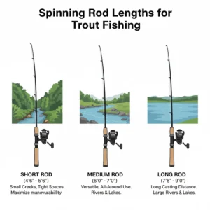 A comparison chart showing three different lengths of spinning rods—short, medium, and long—and how each is best suited for various trout fishing environments, such as small creeks or wide rivers.