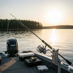 A medium heavy spinning rod resting securely in a rod holder on a fishing boat, waiting to be used. The rod's design is suited for both boat and shore fishing.