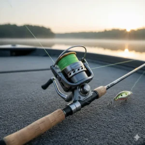 An image of a spinning rod and reel setup, with the bail open, ready to cast. The rod has a lighter action, suitable for throwing smaller lures and is a great choice for beginner bass anglers.