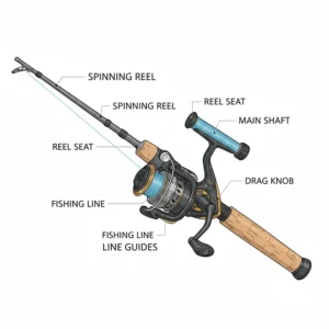 An illustration showing the proper assembly of a spinning rod, including how to attach the spinning reel to the rod's seat.