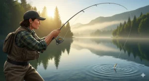 An angler using a spinning rod designed for trout fishing at a tranquil lake, demonstrating the versatility of different rod types.