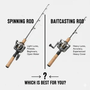 A side-by-side comparison illustrating a spinning rod and reel setup versus a baitcasting rod and reel setup, detailing which is best for bass fishing beginners.