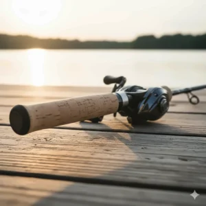 An ergonomic split-grip cork handle on one of the best bass fishing rods for comfort and reduced weight.