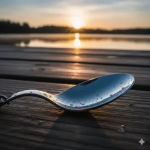 An image of a shiny, metallic spoon lure, showing its reflective properties and curved shape, which mimics a struggling baitfish.