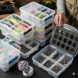 A set of clear, stackable plastic bins used for organizing fishing tackle, showing how they can be easily customized.
