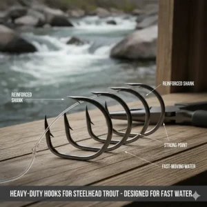 A slightly larger, heavy-duty hook specifically designed for fishing for large steelhead trout in fast-moving water.