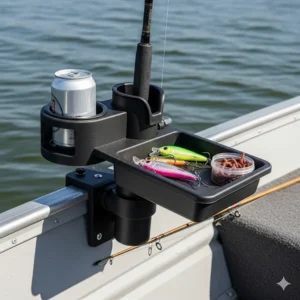 A convenient surf fishing rod holder featuring a built-in bait tray and cup holder for a hands-free fishing experience.