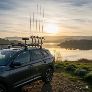 A photo of a modern SUV parked near a lake with a full fishing rod car rack on its roof, emphasizing the convenience for outdoor enthusiasts.