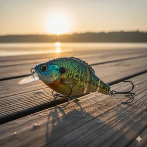 A detailed photo of an articulated swimbait lure that looks like a real bluegill, commonly used to catch trophy-sized bass.