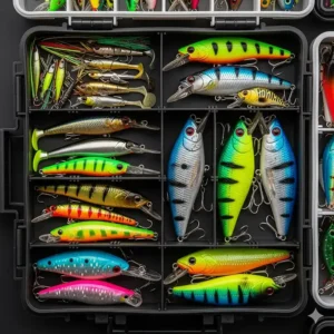 Close-up of a fishing organizer's compartment with brightly colored lures neatly arranged by size and type.