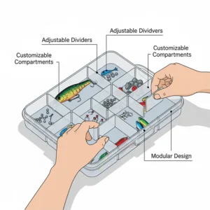 A close-up shot of a tackle tray with adjustable dividers, showing how to customize the compartments for different sizes of lures and hooks.