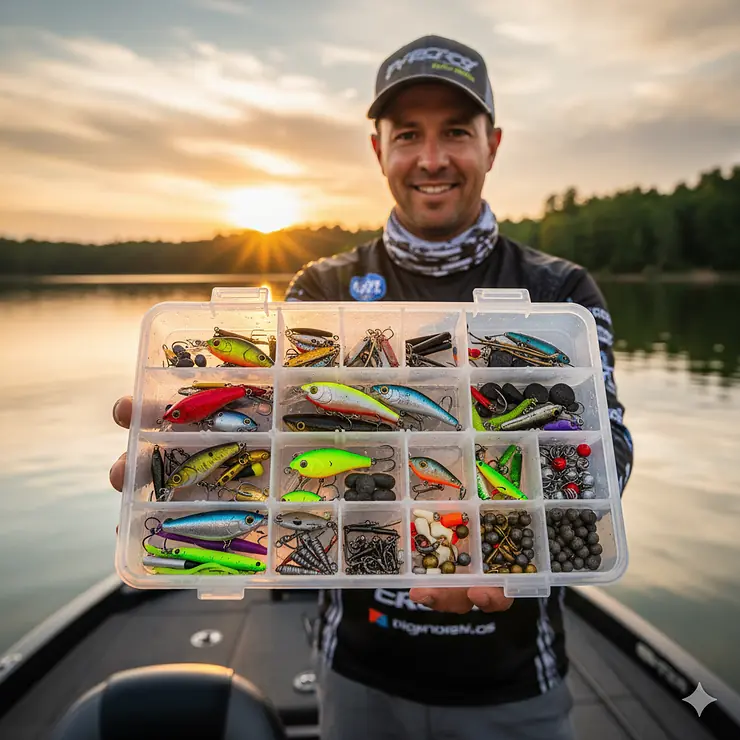 A fisherman holds up a clear plastic tackle tray filled with various colorful lures and fishing tackle. plastic lure boxes