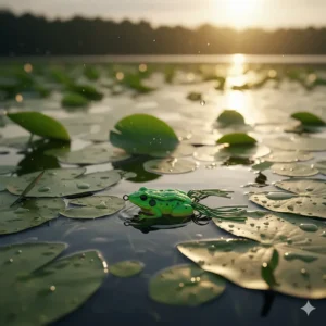 A vibrant green topwater frog lure floating on the water's surface, demonstrating its effectiveness in catching bass from lily pads and other surface vegetation.