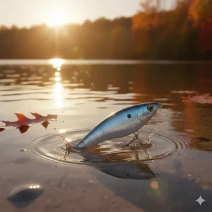 An illustration of a topwater lure creating a ripple on the water's surface, showing its effectiveness for fishing on warmer fall days.