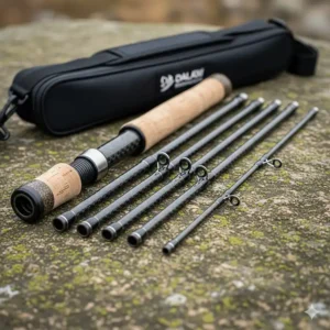 An image of a disassembled, multi-piece carbon fiber travel fishing rod, emphasizing its portability and ease of transport for anglers on the go.