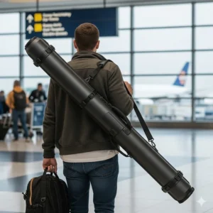 A person carrying a long, hard-shell fishing rod case with a shoulder strap, ready for a flight. The image shows how a rigid fishing rod tube provides essential protection for travel.