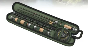 A compact, multi-piece travel trout fishing rod disassembled and packed in a protective case, emphasizing its portability and convenience.