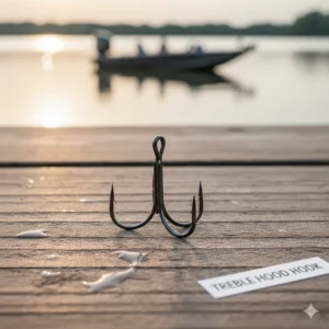 A standard round bend treble hook, commonly found on hard baits like crankbaits and topwater lures to increase the hook-up percentage when bass strike.