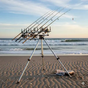 A portable tripod fishing stand supporting multiple rods for surf fishing.